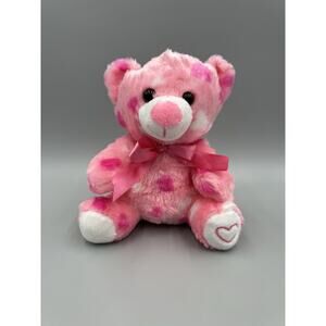 Pink Teddy Bear Plush 7” Stuffed Animal W/ Hearts & Ribbon Bow Tie